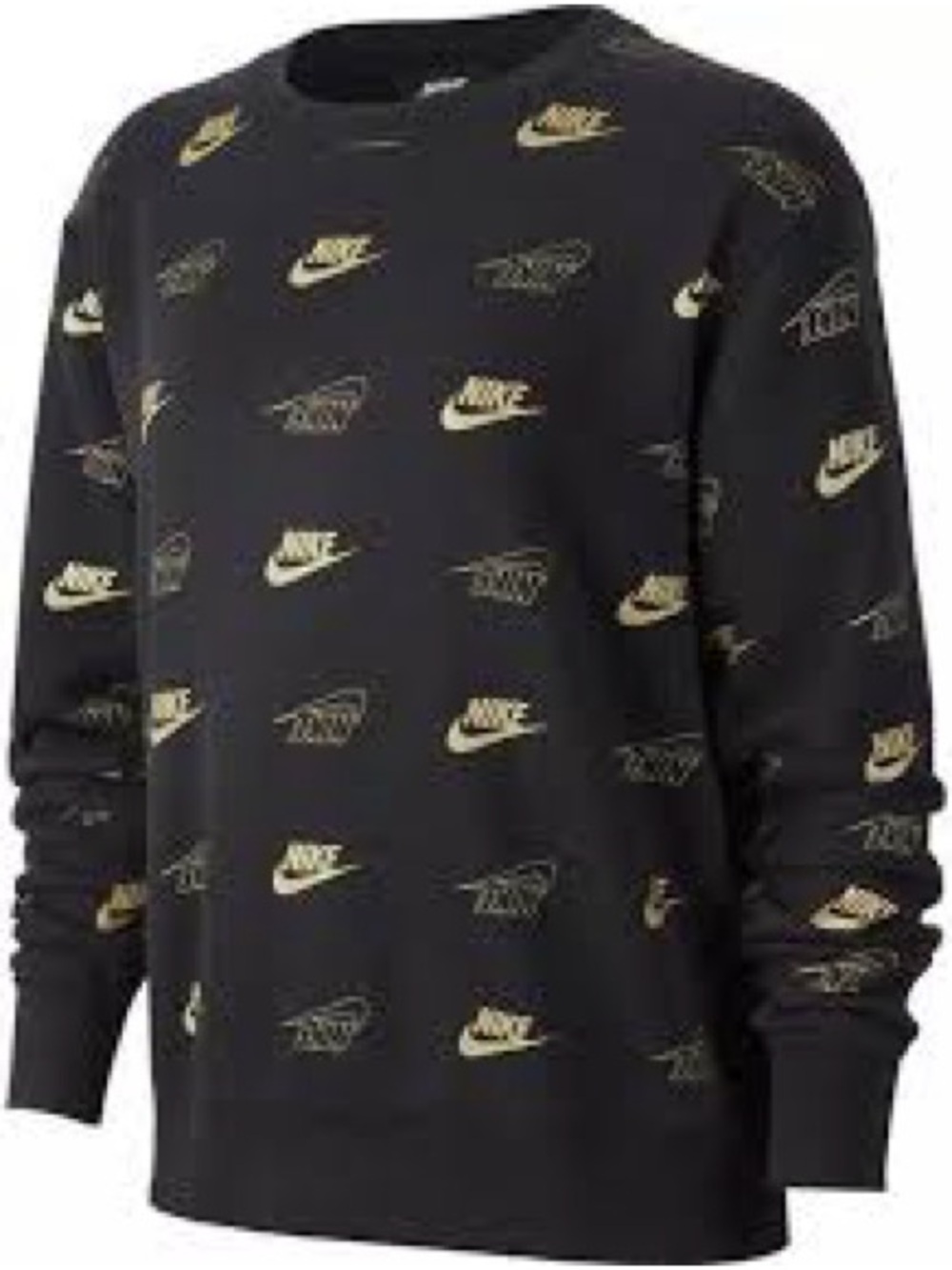 Nike Women’s Shine AOP Crewneck Sweatshirt Metallic Gold Logo Black